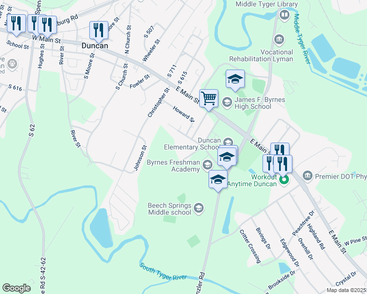 map of restaurants, bars, coffee shops, grocery stores, and more near 121 Lyman Avenue in Duncan