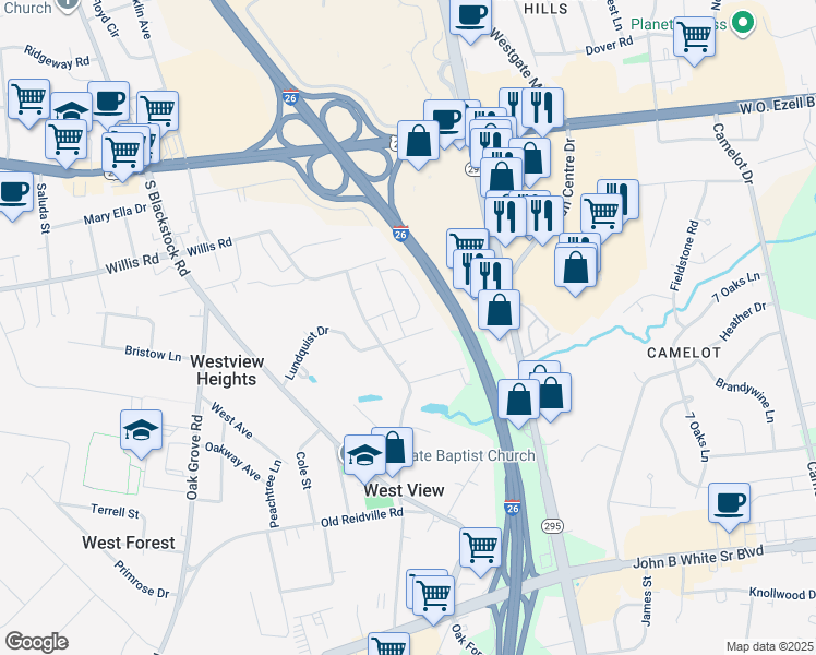map of restaurants, bars, coffee shops, grocery stores, and more near 609 Preakness Run in Spartanburg