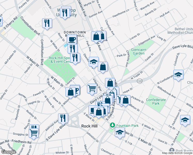 map of restaurants, bars, coffee shops, grocery stores, and more near 252 North Wilson Street in Rock Hill