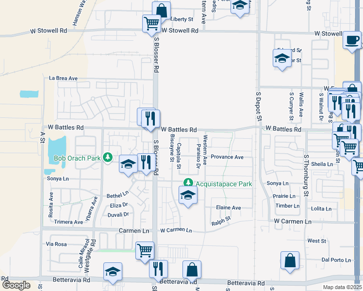 map of restaurants, bars, coffee shops, grocery stores, and more near 1628 Capitola Street in Santa Maria
