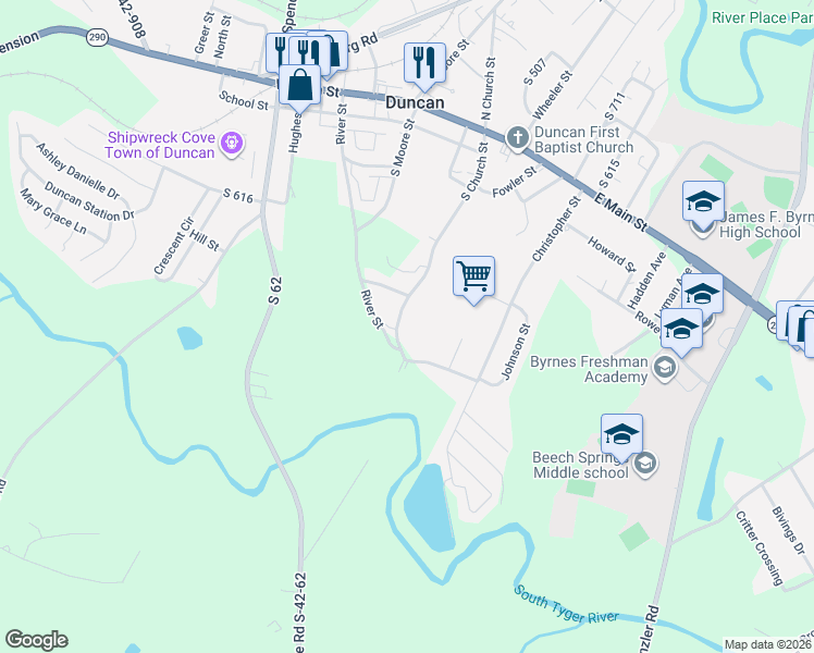 map of restaurants, bars, coffee shops, grocery stores, and more near 160 South Church Street in Duncan