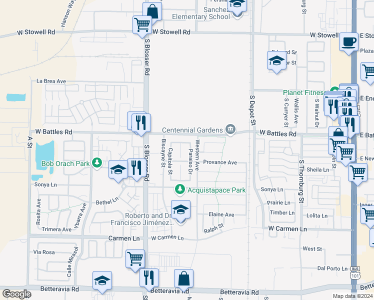 map of restaurants, bars, coffee shops, grocery stores, and more near 1629 Paraiso Drive in Santa Maria
