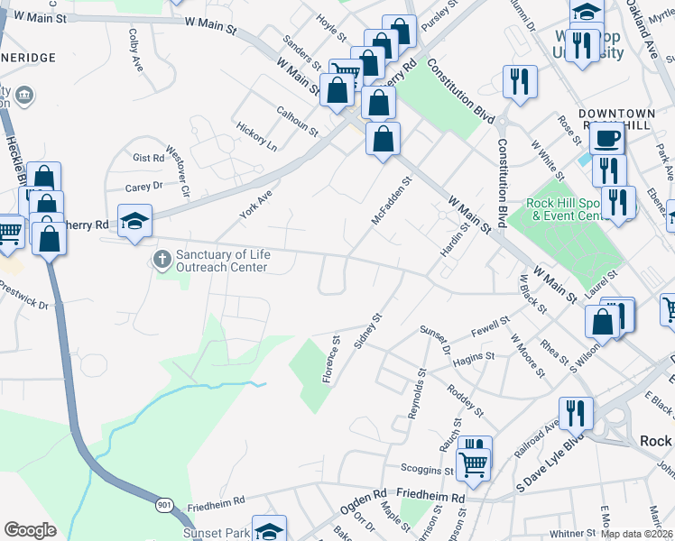 map of restaurants, bars, coffee shops, grocery stores, and more near 803 Finley Court in Rock Hill