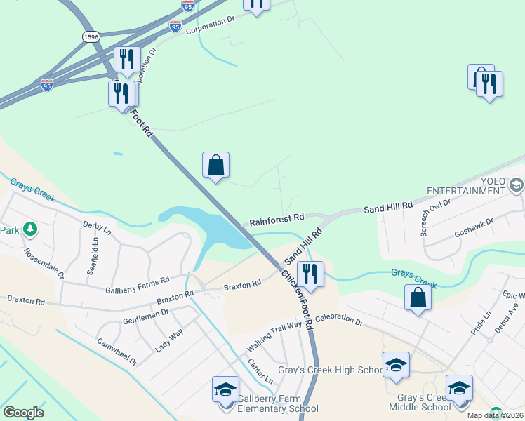 map of restaurants, bars, coffee shops, grocery stores, and more near 533 Sand Hill Road in Hope Mills