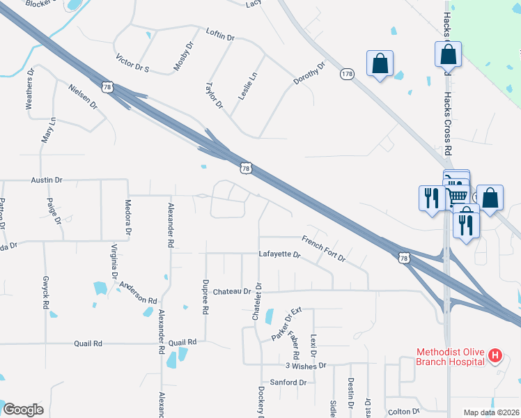 map of restaurants, bars, coffee shops, grocery stores, and more near 4839 Chatelet Drive in Olive Branch
