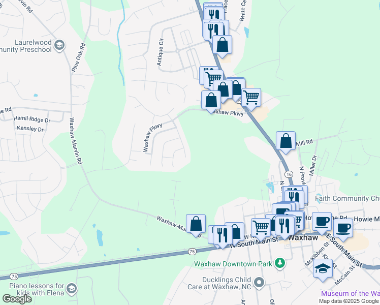 map of restaurants, bars, coffee shops, grocery stores, and more near 1912 Harrison Park Dr in Waxhaw