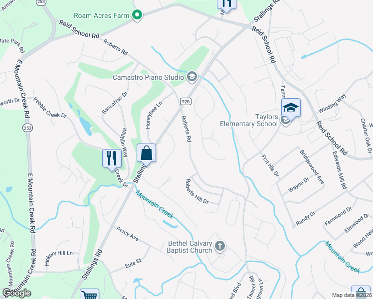 map of restaurants, bars, coffee shops, grocery stores, and more near 416 Roberts Road in Taylors