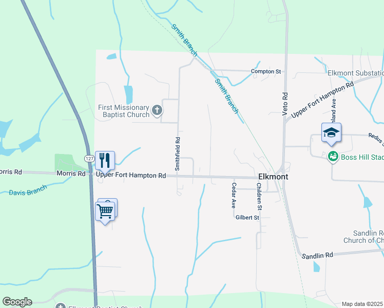 map of restaurants, bars, coffee shops, grocery stores, and more near 25600 Smithfield Road in Elkmont