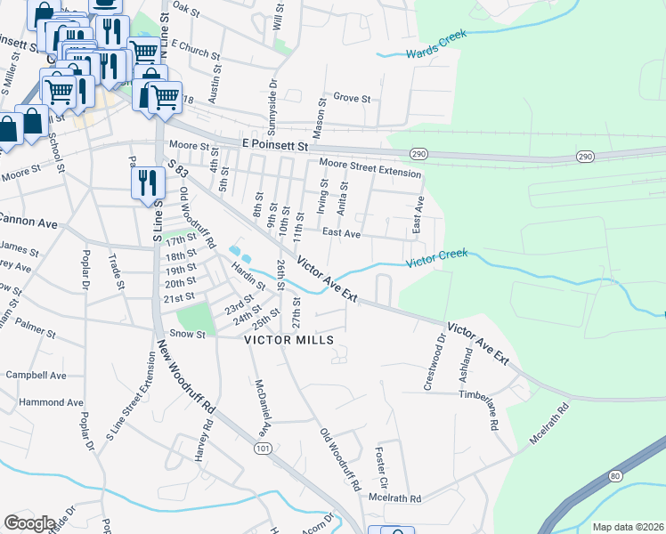 map of restaurants, bars, coffee shops, grocery stores, and more near 155 Caz Lane in Greer