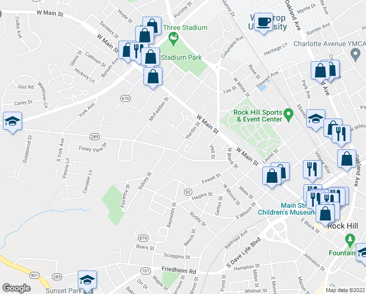 map of restaurants, bars, coffee shops, grocery stores, and more near 175 Hardin Street in Rock Hill