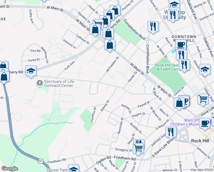 map of restaurants, bars, coffee shops, grocery stores, and more near 707 Finley Road in Rock Hill