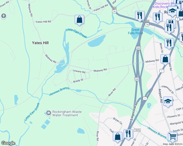 map of restaurants, bars, coffee shops, grocery stores, and more near 261 Midway Road in Rockingham