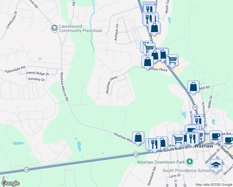 map of restaurants, bars, coffee shops, grocery stores, and more near 2005 Beckwith Lane in Waxhaw