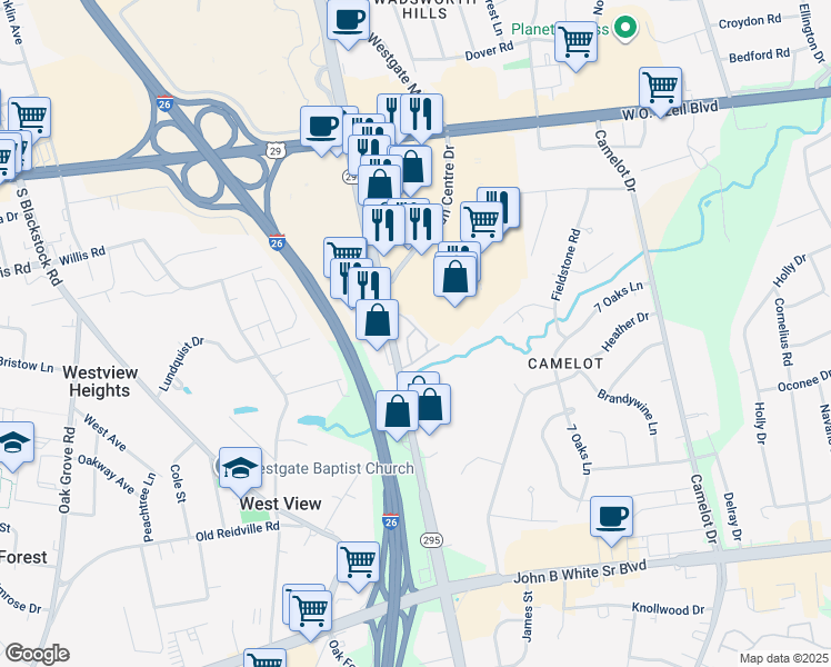 map of restaurants, bars, coffee shops, grocery stores, and more near 201 East Blackstock Road in Spartanburg