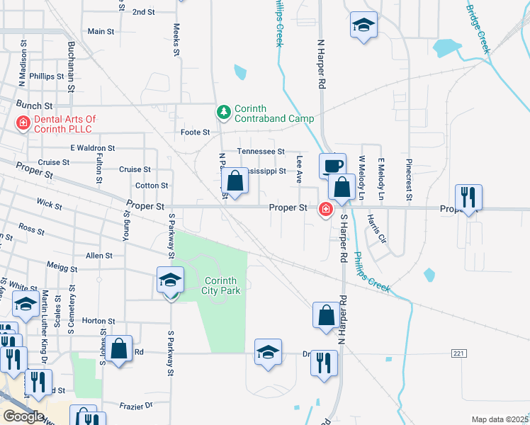 map of restaurants, bars, coffee shops, grocery stores, and more near 2104 Proper Street in Corinth