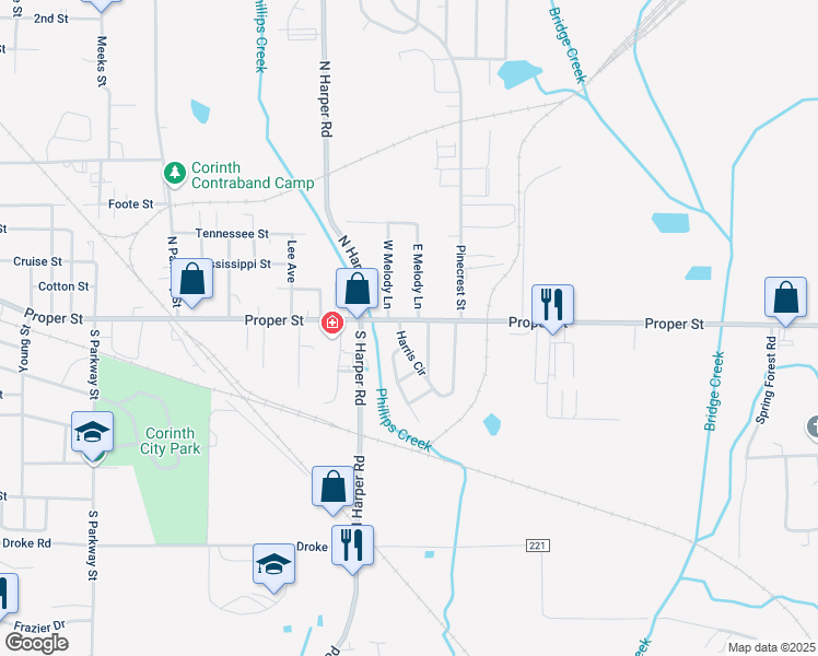 map of restaurants, bars, coffee shops, grocery stores, and more near 460-498 Harris Circle in Corinth