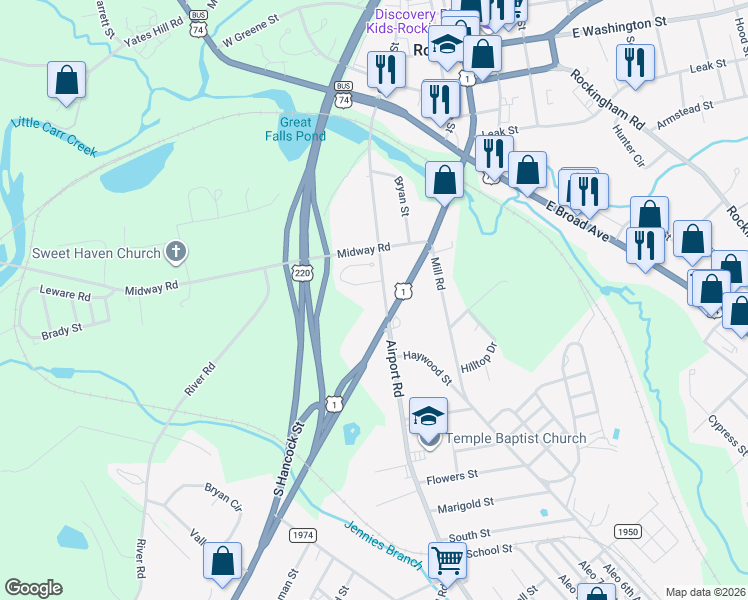 map of restaurants, bars, coffee shops, grocery stores, and more near 526 South Caroline Street in Rockingham