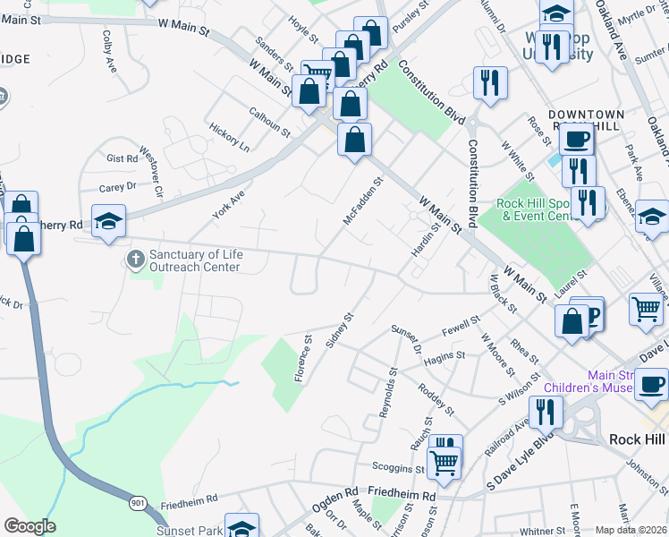 map of restaurants, bars, coffee shops, grocery stores, and more near 707 Finley Road in Rock Hill