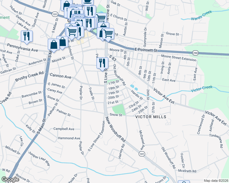 map of restaurants, bars, coffee shops, grocery stores, and more near 13 19th Street in Greer
