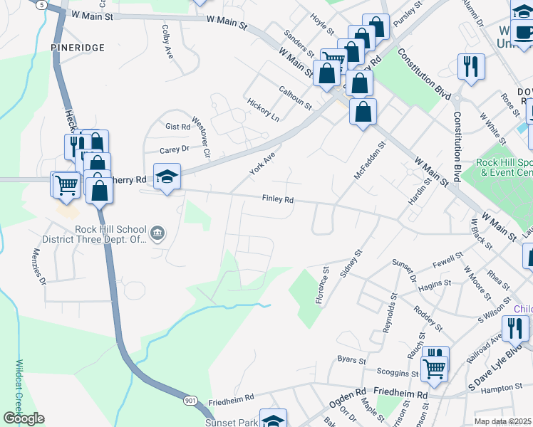 map of restaurants, bars, coffee shops, grocery stores, and more near 858 Finley View Drive in Rock Hill