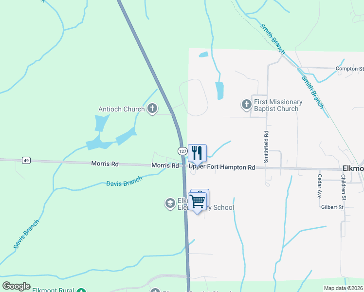 map of restaurants, bars, coffee shops, grocery stores, and more near 25577 Alabama 127 in Elkmont