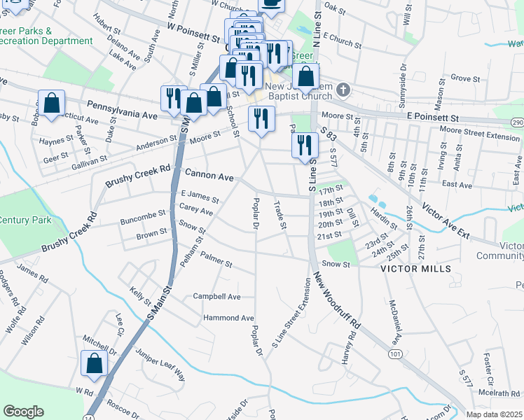 map of restaurants, bars, coffee shops, grocery stores, and more near 111 Poplar Drive in Greer