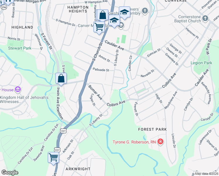 map of restaurants, bars, coffee shops, grocery stores, and more near 810 South Liberty Street in Spartanburg