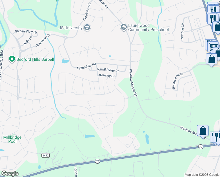 map of restaurants, bars, coffee shops, grocery stores, and more near 1061 Delridge Street in Waxhaw