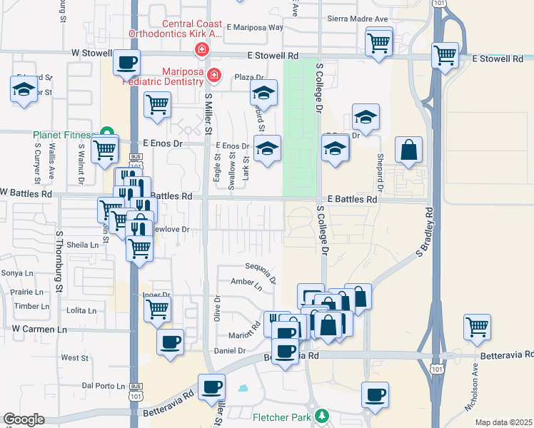 map of restaurants, bars, coffee shops, grocery stores, and more near 635 East Newlove Drive in Santa Maria