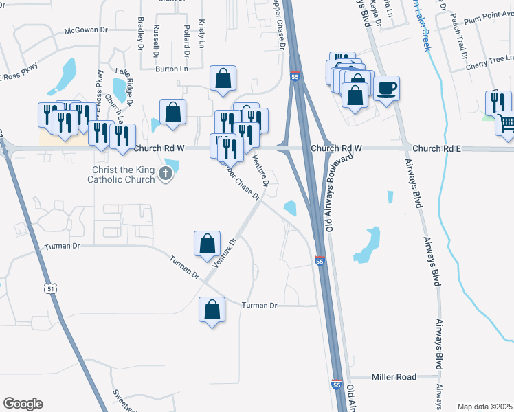 map of restaurants, bars, coffee shops, grocery stores, and more near Venture Drive in Southaven