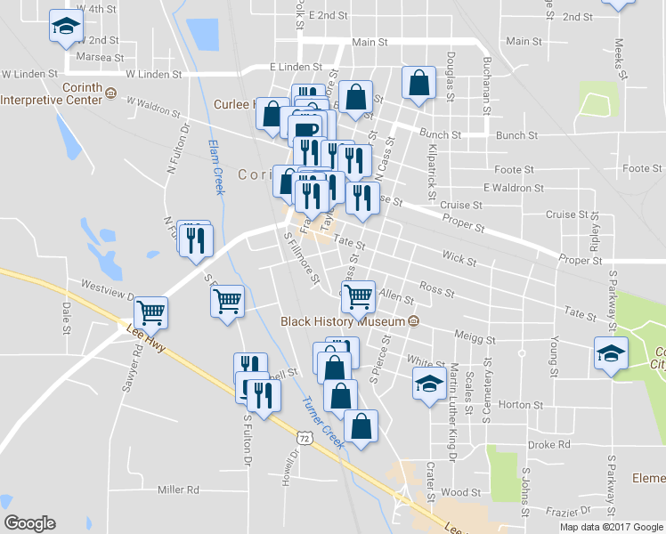 map of restaurants, bars, coffee shops, grocery stores, and more near 304 South Cass Street in Corinth