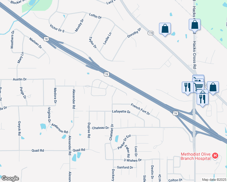 map of restaurants, bars, coffee shops, grocery stores, and more near 4798 Chatelet Drive in Olive Branch