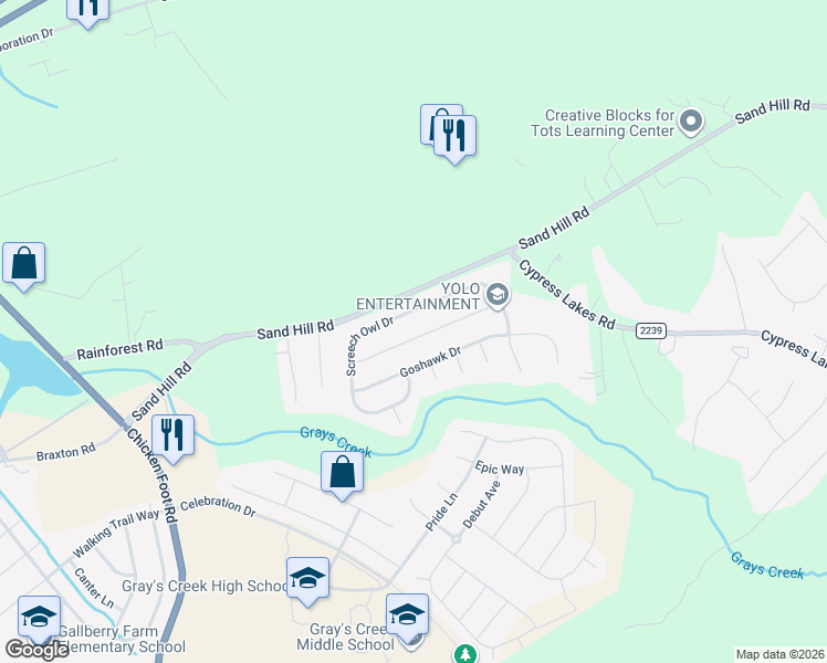 map of restaurants, bars, coffee shops, grocery stores, and more near 5251 Woodpecker Drive in Hope Mills