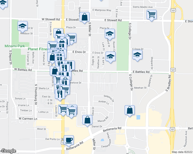 map of restaurants, bars, coffee shops, grocery stores, and more near 473 East Newlove Drive in Santa Maria
