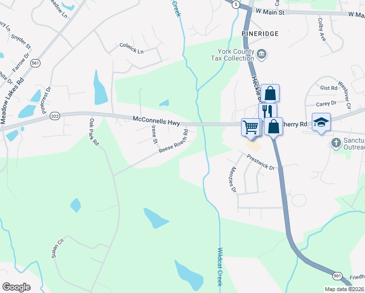 map of restaurants, bars, coffee shops, grocery stores, and more near 1257 Reese Roach Road in Rock Hill