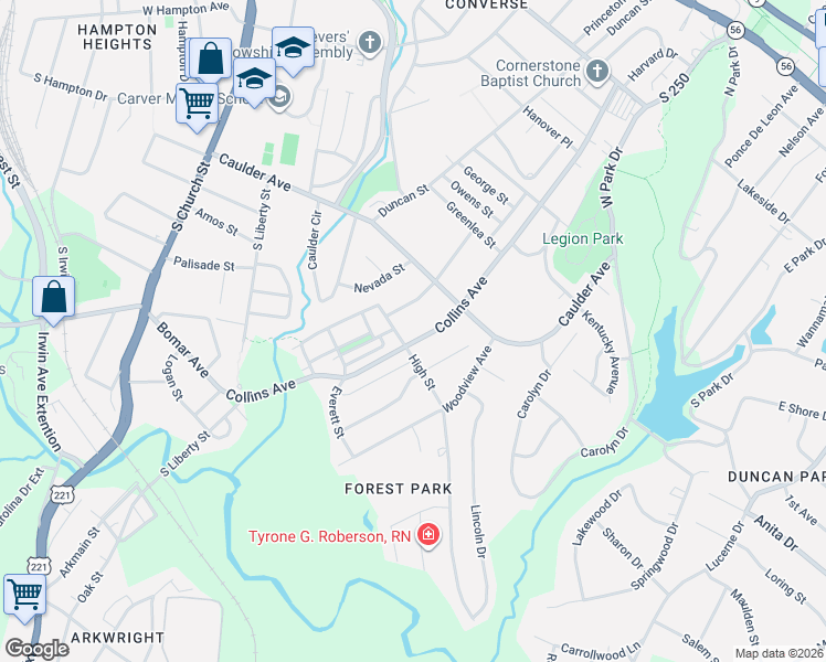 map of restaurants, bars, coffee shops, grocery stores, and more near 211 Collins Avenue in Spartanburg