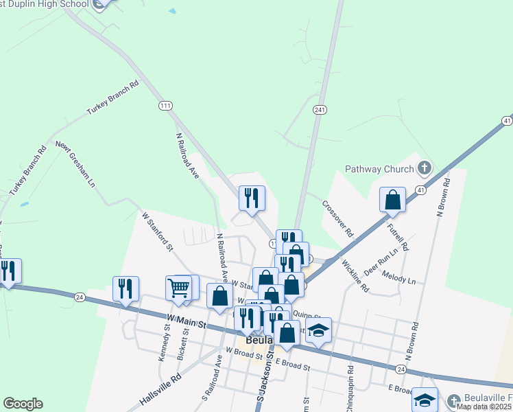 map of restaurants, bars, coffee shops, grocery stores, and more near 176 North Carolina 111 in Beulaville