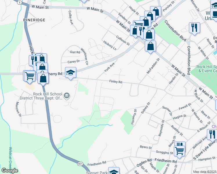 map of restaurants, bars, coffee shops, grocery stores, and more near 858 Finley View Dr in Rock Hill
