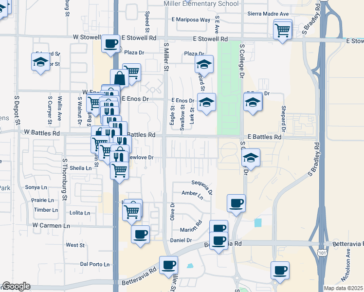 map of restaurants, bars, coffee shops, grocery stores, and more near 484 East Battles Road in Santa Maria