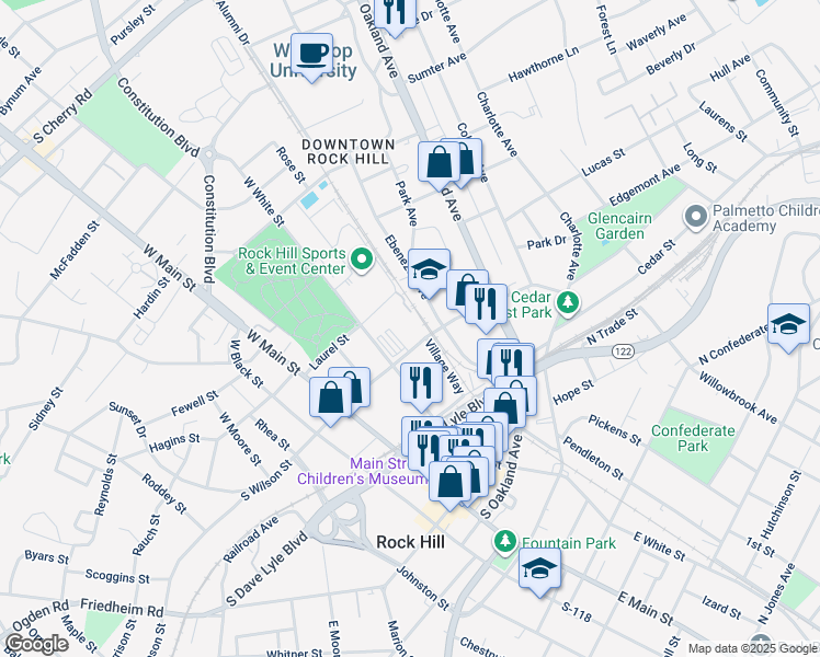map of restaurants, bars, coffee shops, grocery stores, and more near 218-298 N Wilson St in Rock Hill