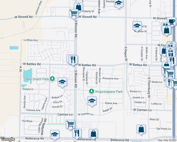 map of restaurants, bars, coffee shops, grocery stores, and more near 1628 Capitola Street in Santa Maria