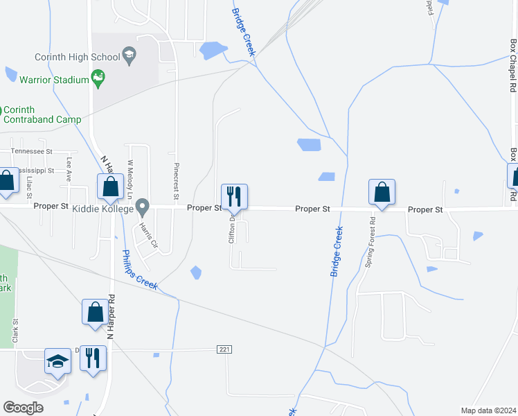 map of restaurants, bars, coffee shops, grocery stores, and more near 3200 Proper Street in Corinth