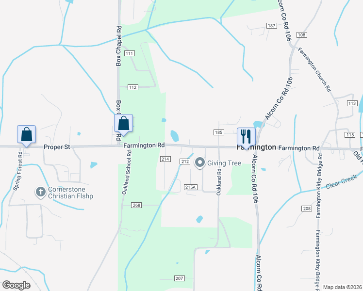 map of restaurants, bars, coffee shops, grocery stores, and more near Farmington Road in Corinth