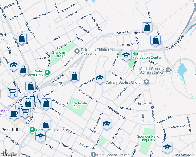 map of restaurants, bars, coffee shops, grocery stores, and more near 736 North Confederate Avenue in Rock Hill