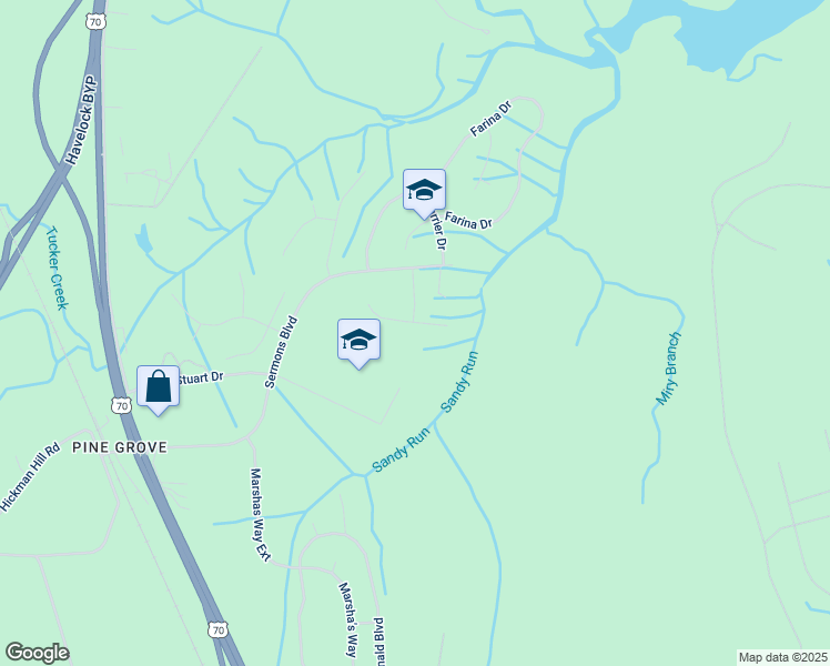 map of restaurants, bars, coffee shops, grocery stores, and more near 200 Sand Run Road in Havelock