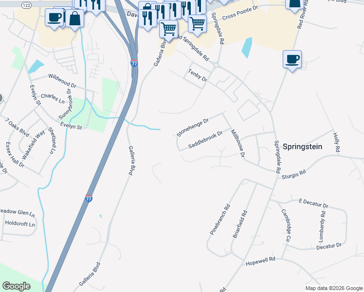 map of restaurants, bars, coffee shops, grocery stores, and more near 582 Saddlebrook Drive in Rock Hill