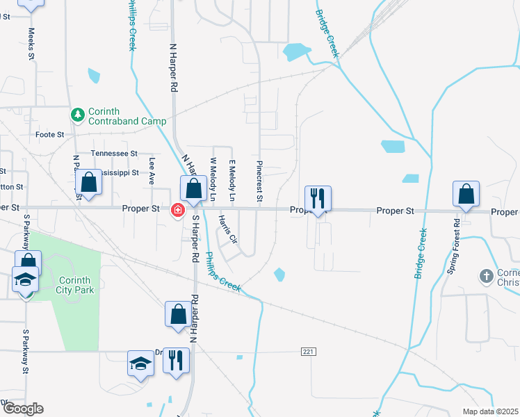 map of restaurants, bars, coffee shops, grocery stores, and more near 100 Pinecrest Street in Corinth