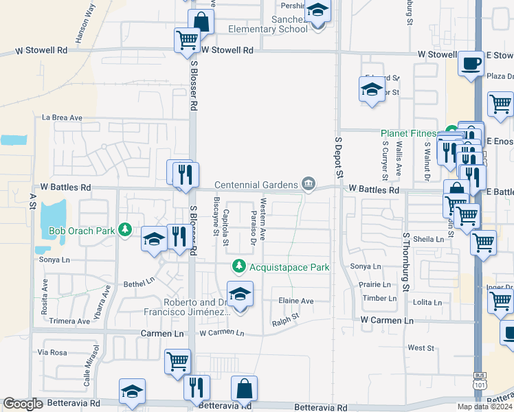 map of restaurants, bars, coffee shops, grocery stores, and more near 1614 Paraiso Drive in Santa Maria