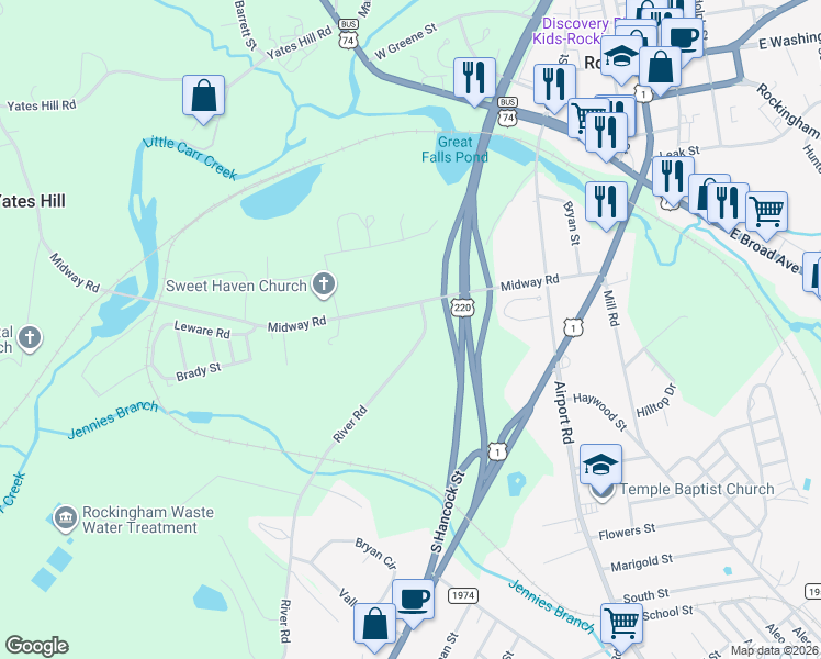 map of restaurants, bars, coffee shops, grocery stores, and more near 217 River Road in Rockingham