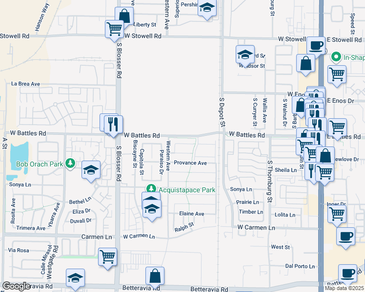 map of restaurants, bars, coffee shops, grocery stores, and more near 928 Menusa Court in Santa Maria
